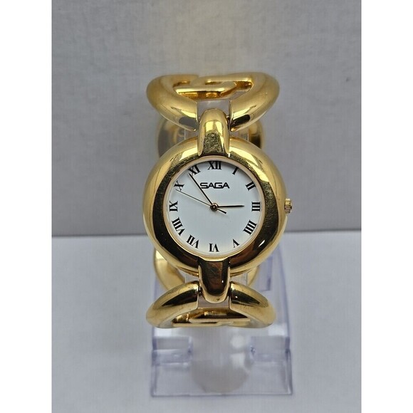 Saga by Mathey Tissot Womens Gold Tone Chunky Bracelet Watch Roman New Battery